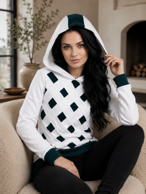 White & Deep Teal Geometric Hoodie