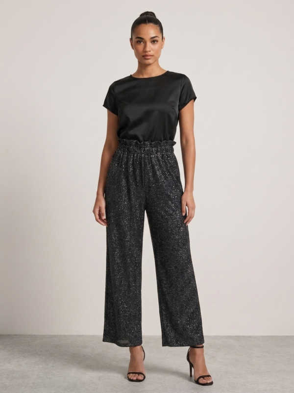 Black Shimmer Wide-Leg Palazzo Trousers