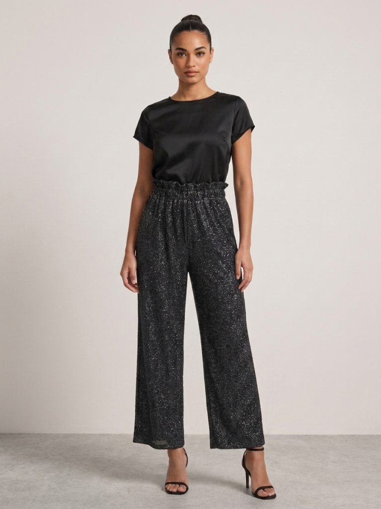 Black Shimmer Wide-Leg Palazzo Trousers