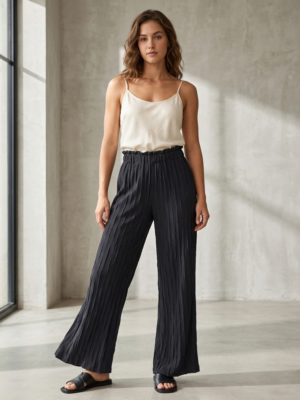 Black Textured Wide-Leg Pants