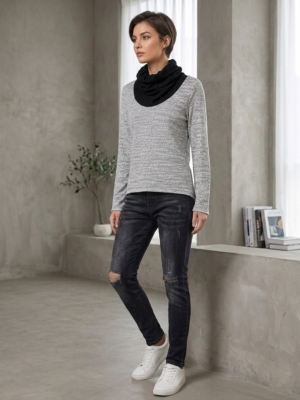 Grey Long Sleeve Top with Black Snood Neck