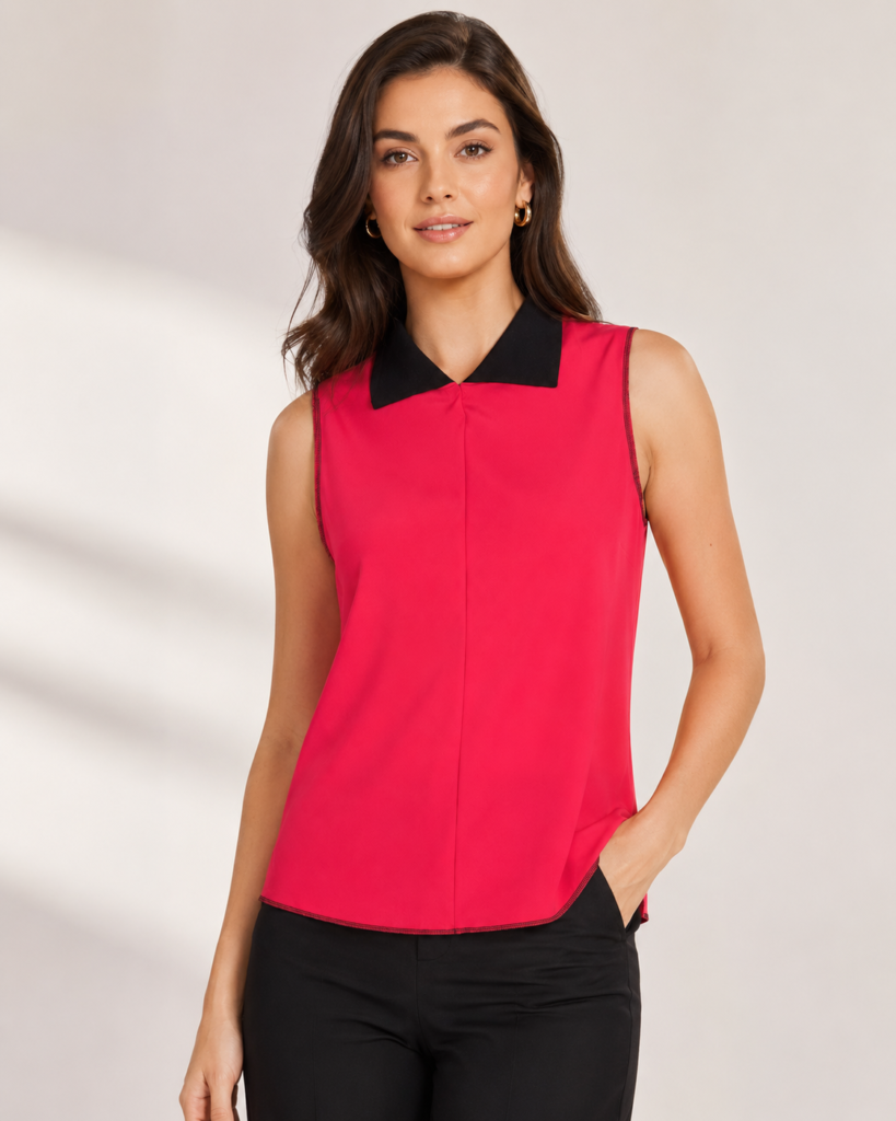 Coral Red Sleeveless Top with Black Collar