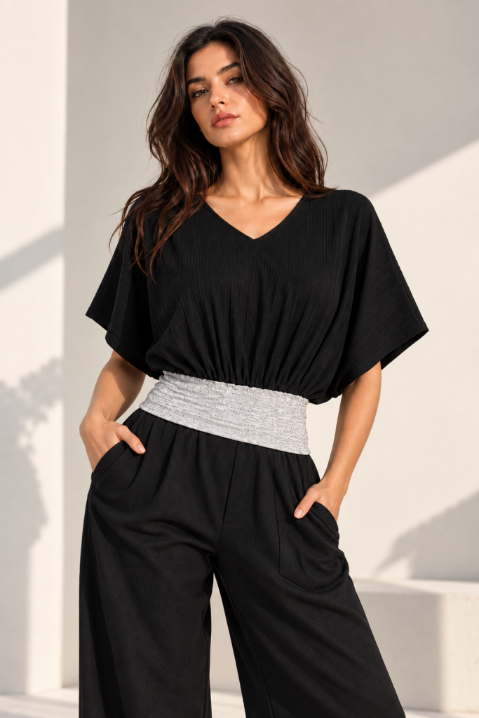 Black Batwing Top with Contrast Grey Waist Panel